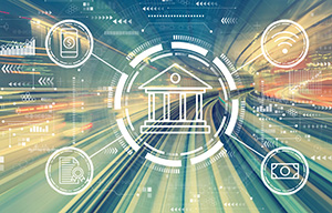 NCR dealer in NJ image of a linde drawing of a bank encircled by banking icons