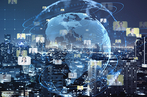 Global image in blue superimposed over a city scape; NJ NCR dealer in NJ is the future